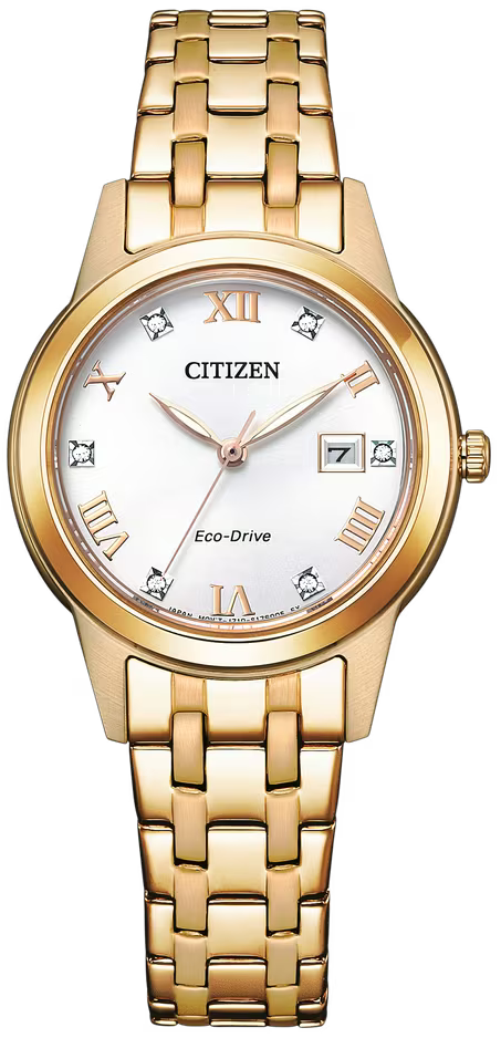 Roségoldfarbene Citizen Damenuhr mit weißem Zifferblatt, römischen Ziffern, Edelstahlarmband