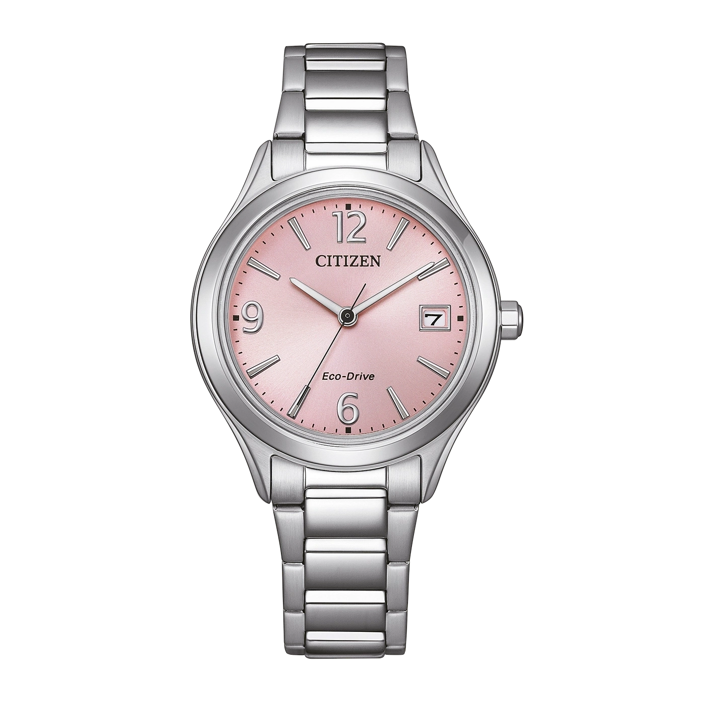 "Reloj de mujer con pulsera de acero inoxidable plateado y esfera rosa, Eco-Drive"