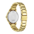 Reloj de mujer con caja de acero inoxidable en tono dorado y fondo plateado con inscripción