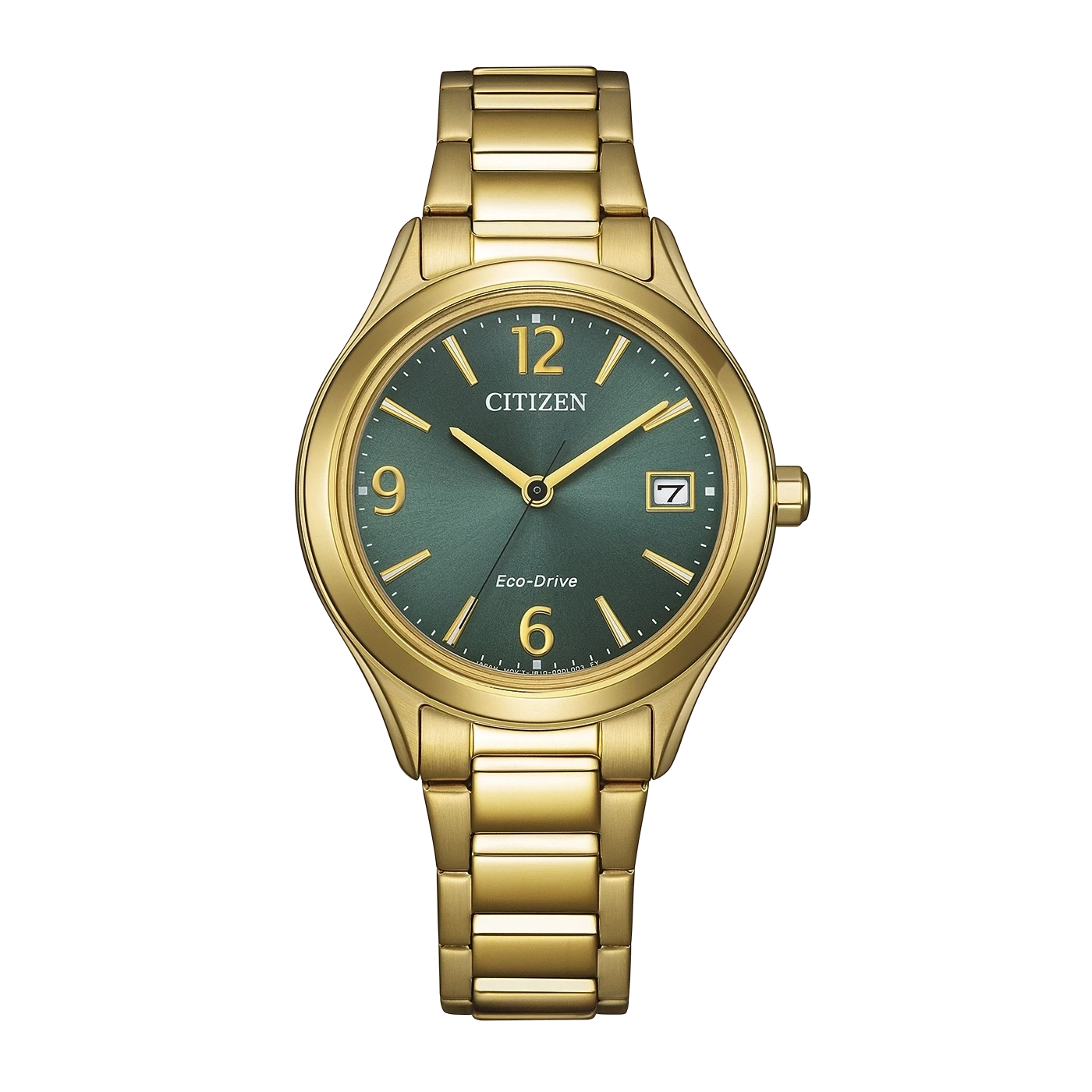 "Reloj de mujer con esfera verde y brazalete de acero inoxidable en tono dorado, caja redonda"