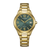 "Reloj de mujer con esfera verde y brazalete de acero inoxidable en tono dorado, caja redonda"