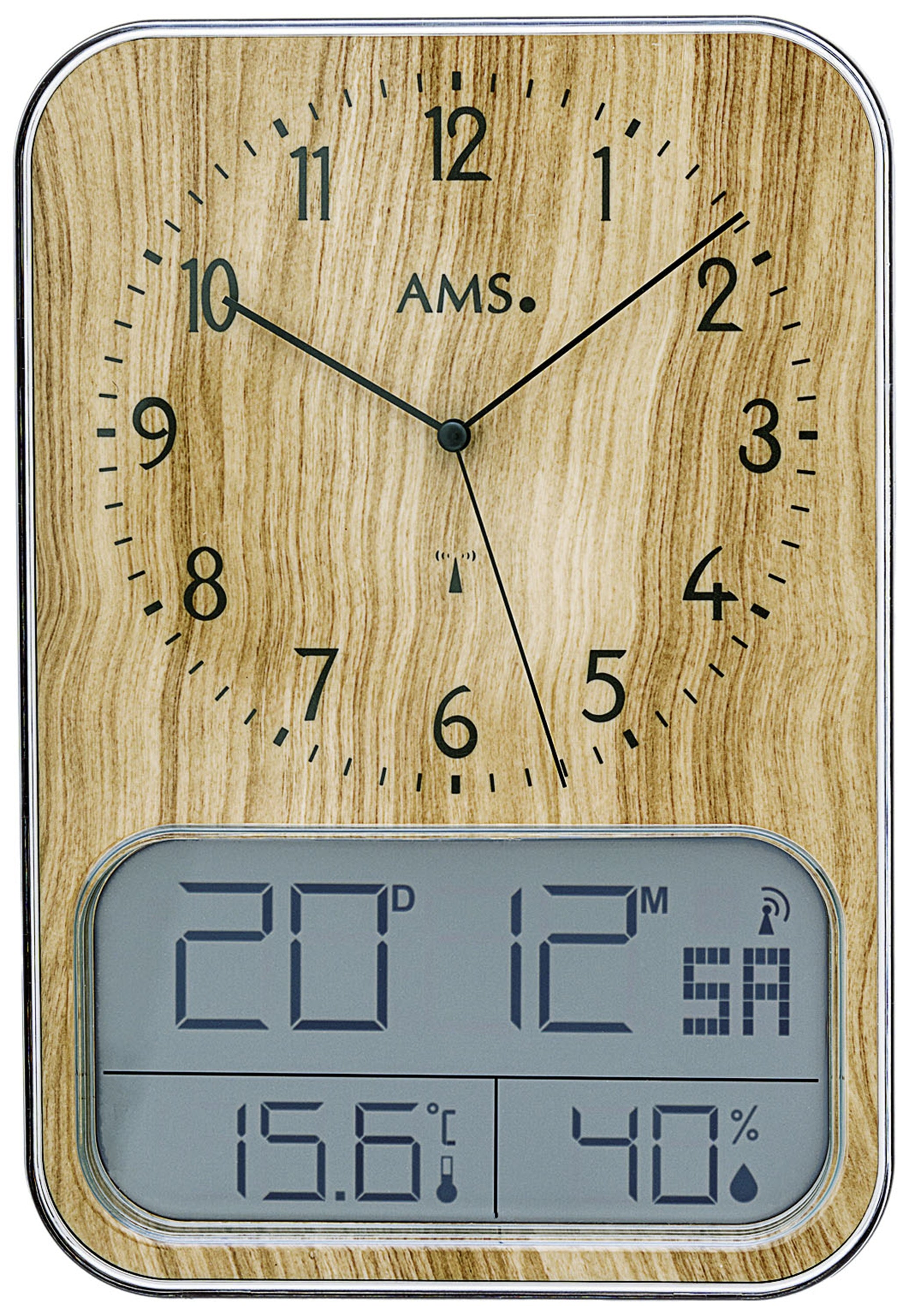 AMS F5891 Wanduhr Schiefer • Funk-Automatik • Analog-Digital mit Temperatur