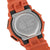 Casio G-Shock Uhr: silbernes Gehäuse mit Aufdruck, orangefarbenes Armband