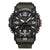 G-Shock Mudmaster Herrenuhr frontal: schwarzes Zifferblatt mit Digitalanzeige, olivfarbenes Band