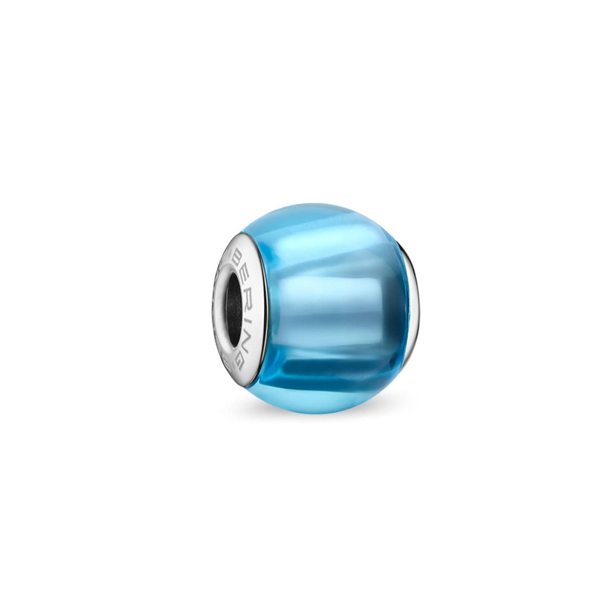 Charm de acero inoxidable con diseño de bola azul y grabado lateral