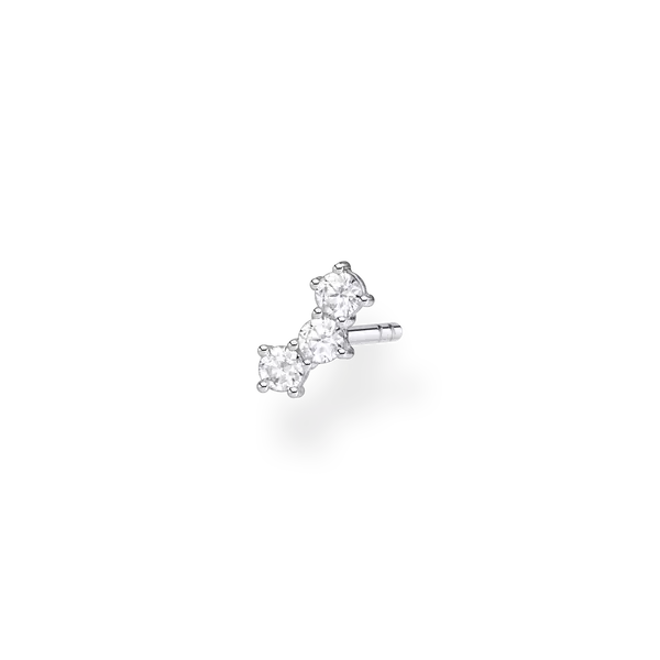 Pendiente individual de plata de ley 925 con tres piedras blancas