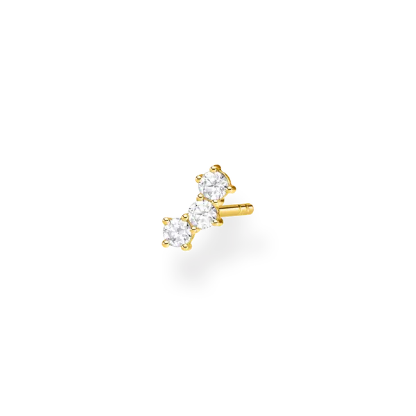 Pendiente individual: oro amarillo bañado con tres piedras blancas