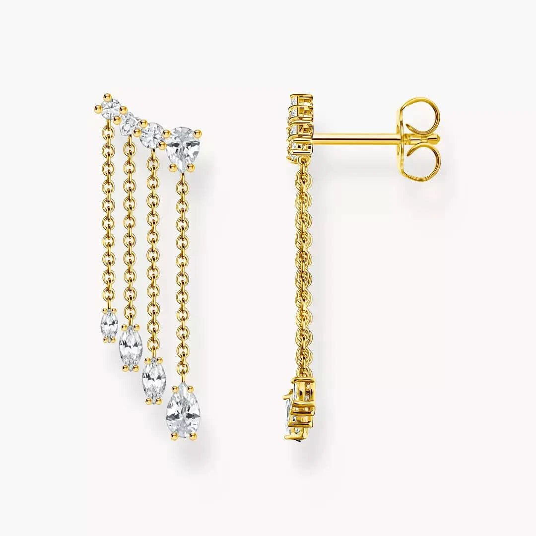 Pendientes dorados de cascada con piedras de cristal blanco y cadenas largas