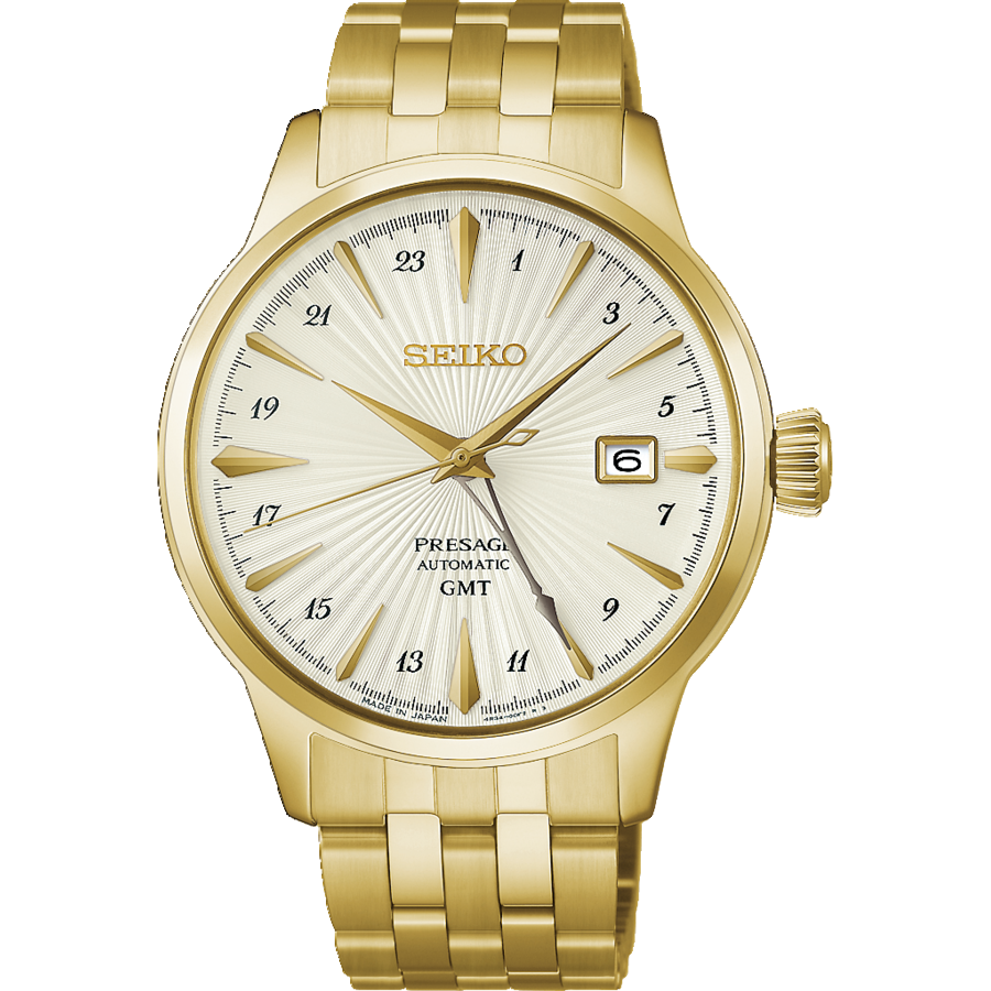 Seiko PRESAGE Cocktail Time HCB004J1 Reloj de Hombre Oro Amarillo • Aguja GMT • Movimiento Automático Calibre 4R34