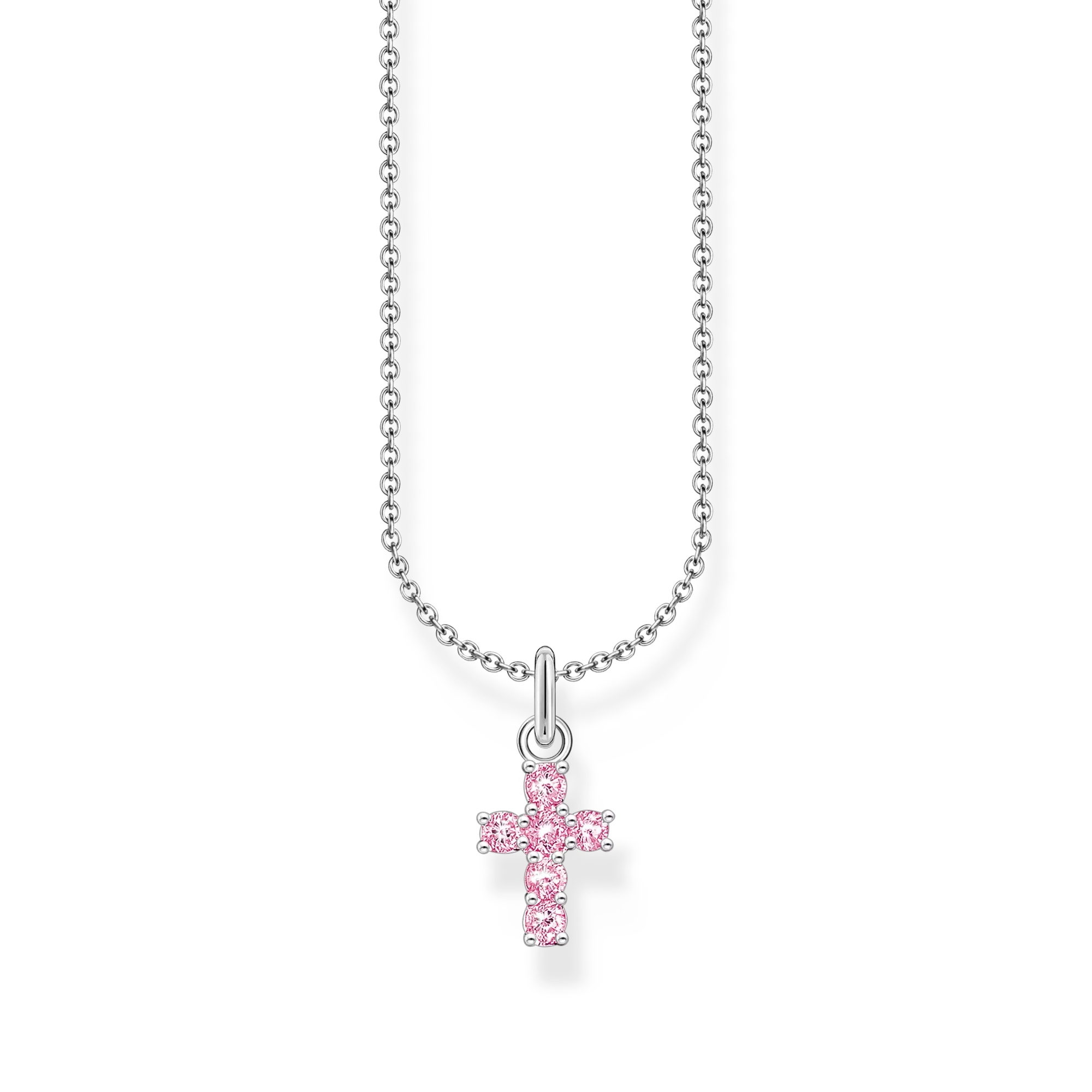 Collar plateado con colgante de cruz rosa, cadena de eslabones.