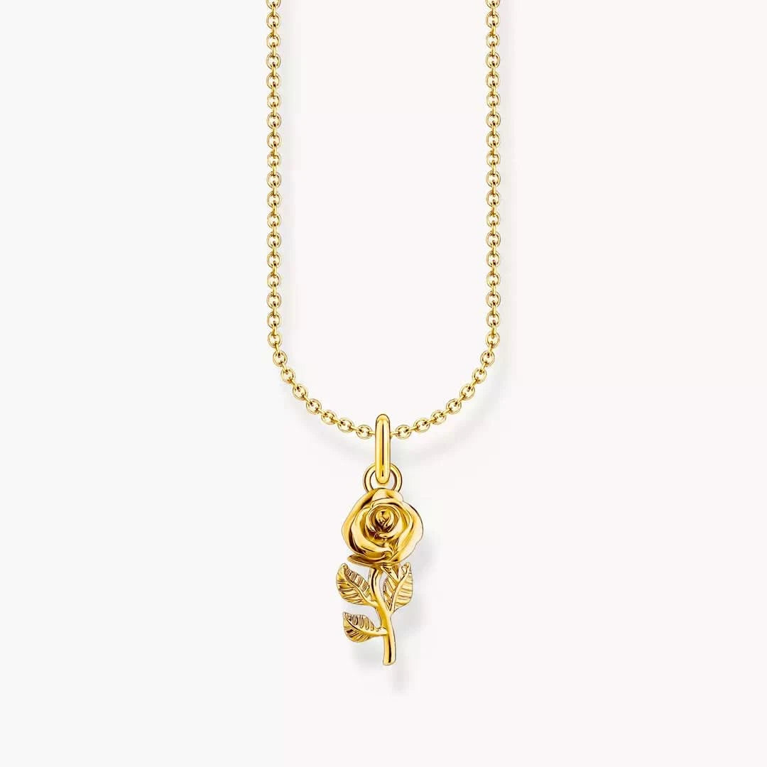 Collar chapado en oro con colgante de rosa, cadena de eslabones finos y motivo de colgante redondo
