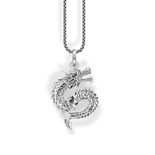 Collar de plata con colgante de dragón ennegrecido, vista de detalle
