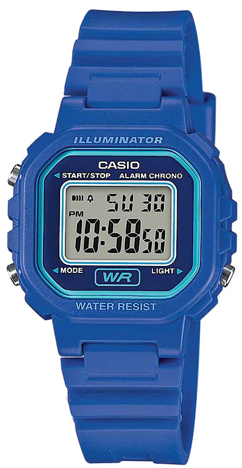 Casio Vintage Reloj de mujer con correa de plástico azul y pantalla LCD digital