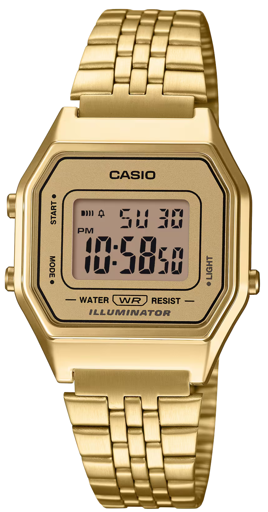 Reloj Casio para mujer con correa de metal dorada y pantalla digital LED