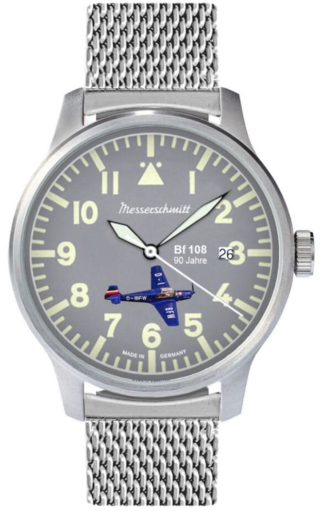 Pulsera de hombre con correa de malla plateada, esfera oscura redonda y logotipo de Messerschmitt