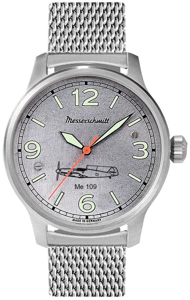 Reloj de piloto para hombre con correa de malla plateada y esfera redonda gris