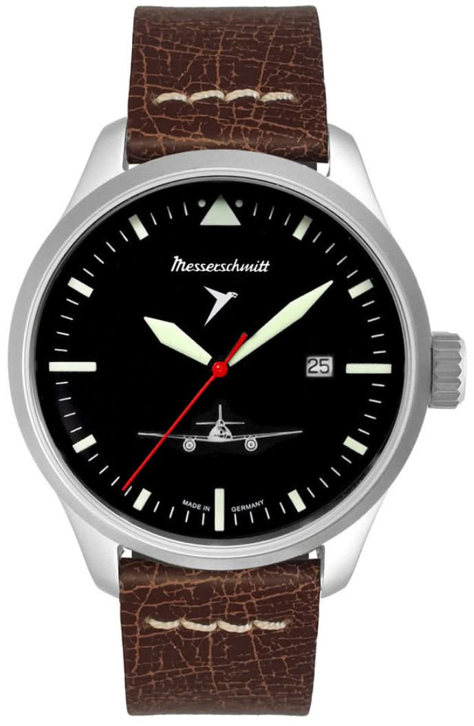 Reloj de pulsera para hombre Messerschmitt con esfera negra y correa de cuero marrón