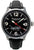 Reloj de hombre con esfera negra, segundero rojo y correa de cuero negra.