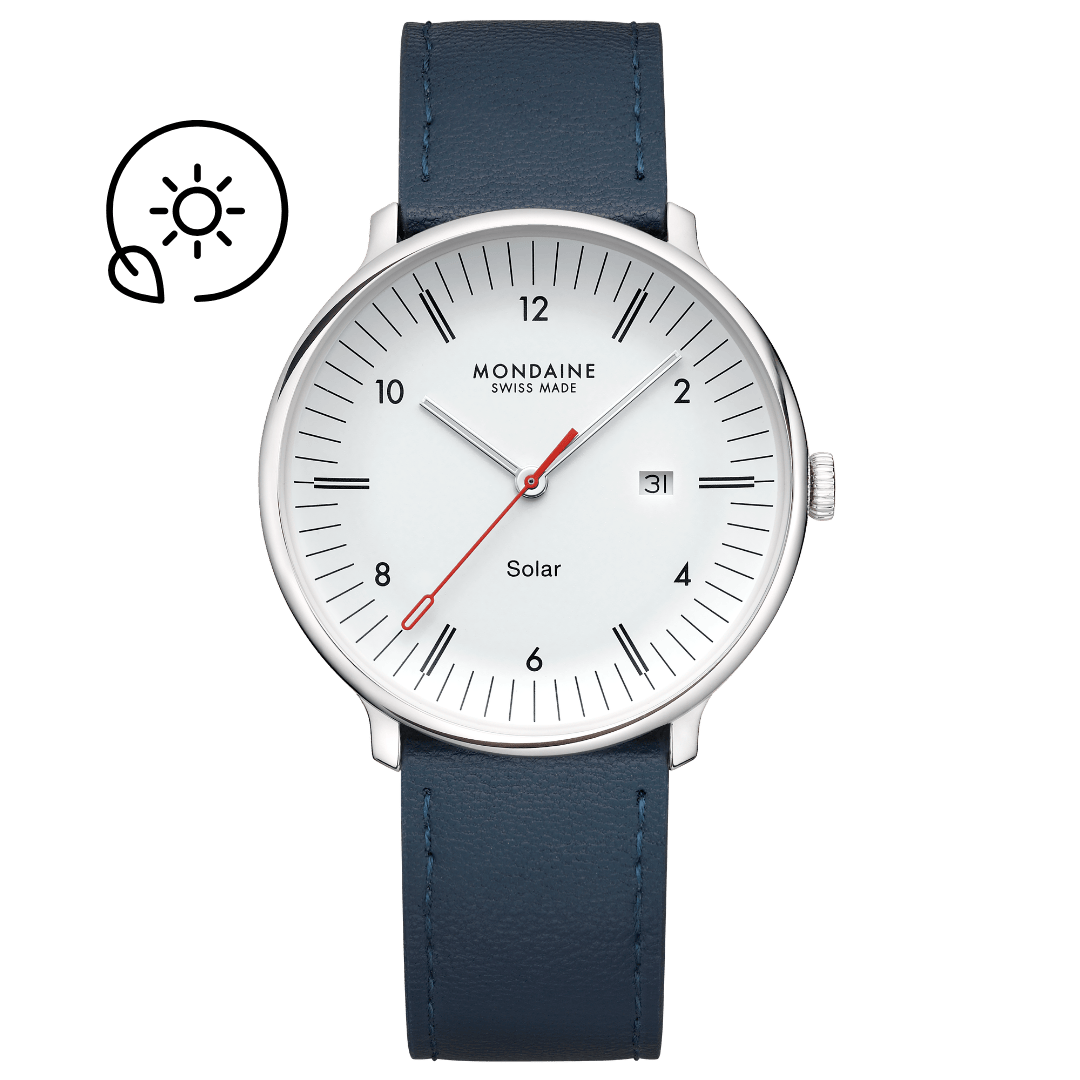 Mondaine Doppio Solar MLE.41910.LDV Herrenuhr Blau • Saphirglas mit Antireflexbeschichtung • Veganes Apfelleder