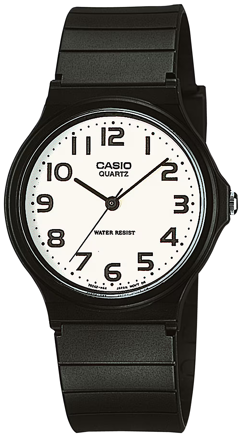 Reloj de pulsera negro con esfera redonda, números, manecillas y CASIO QUARTZ