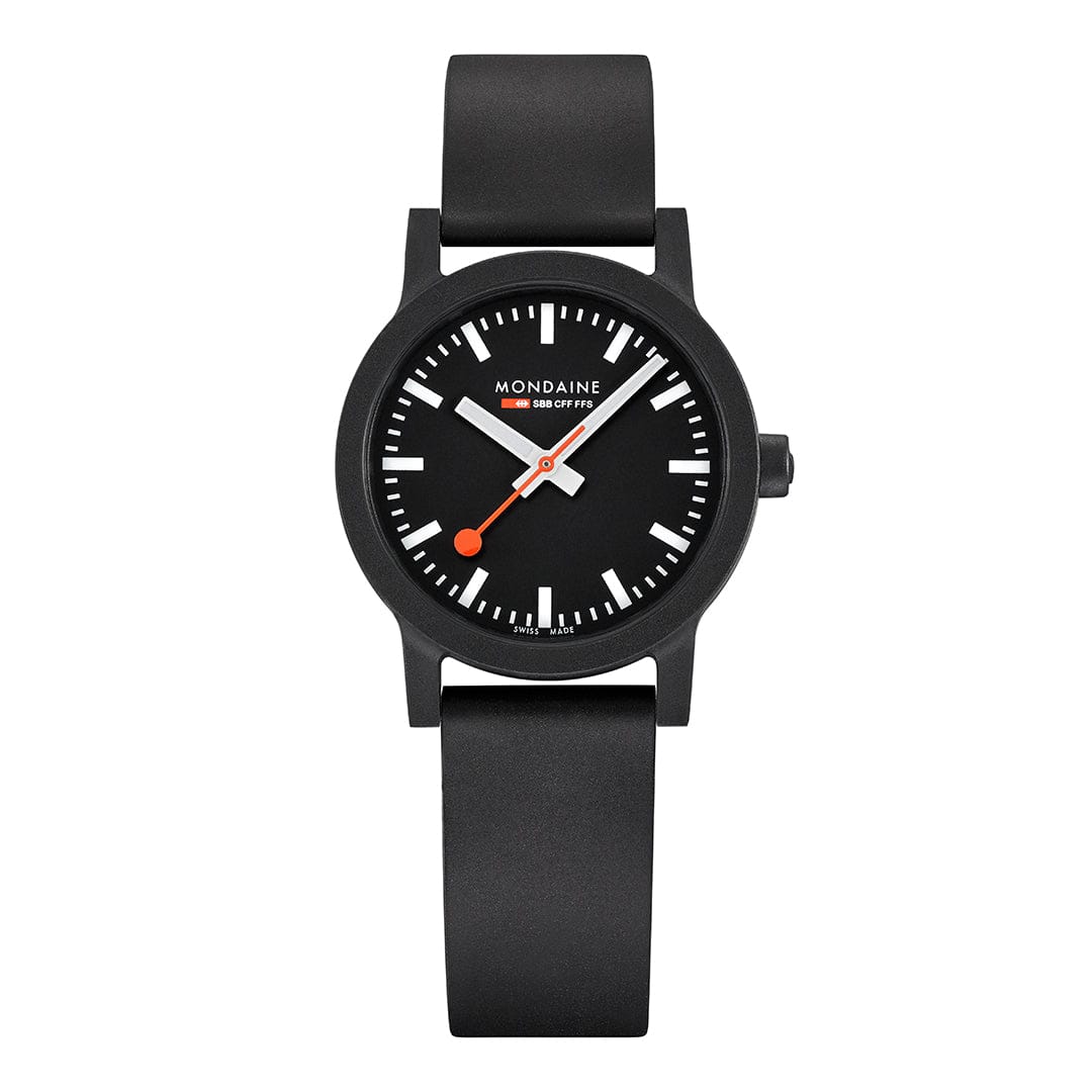 Mondaine essence MS1.32120.RB Damen Armbanduhr Schwarz • Veganes Kautschukarmband • Swiss Made Quarzwerk