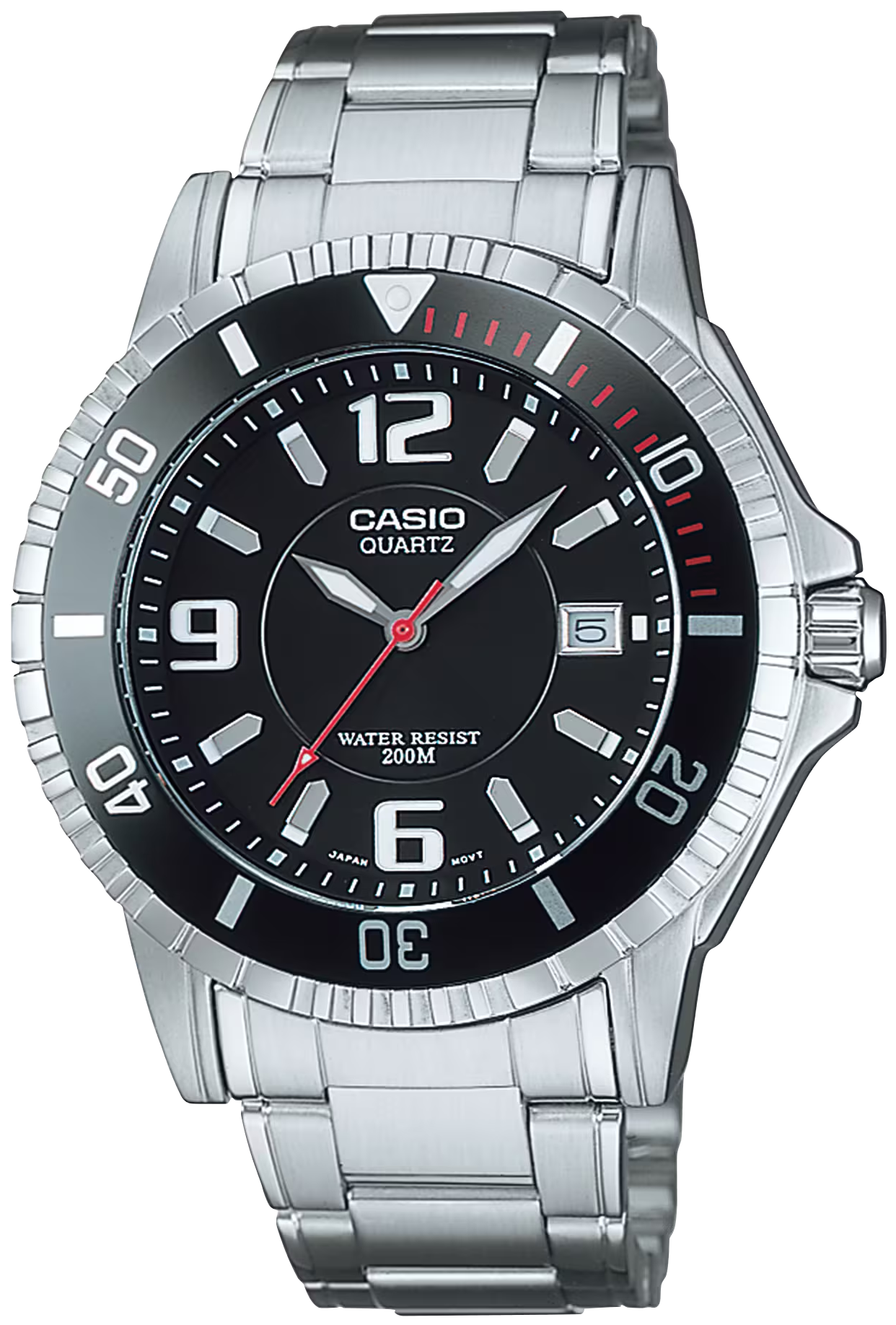 Reloj Casio para hombre con esfera negra, bisel y correa de metal plateado y detalles en rojo