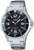 Reloj Casio para hombre con esfera negra, bisel y correa de metal plateado y detalles en rojo