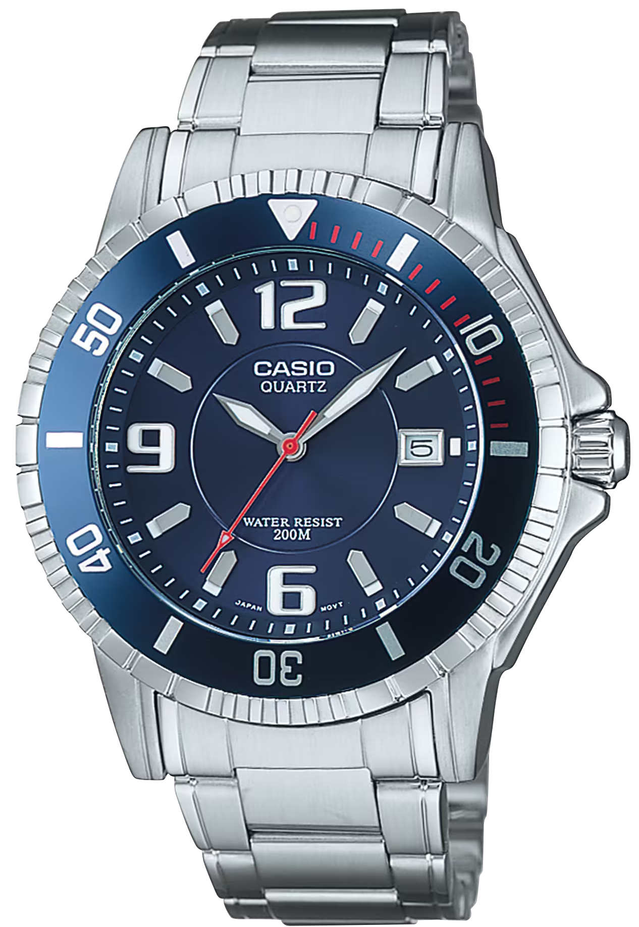 Reloj para hombre con esfera azul, correa de acero inoxidable plateada y visualización de fecha a las 5 en punto
