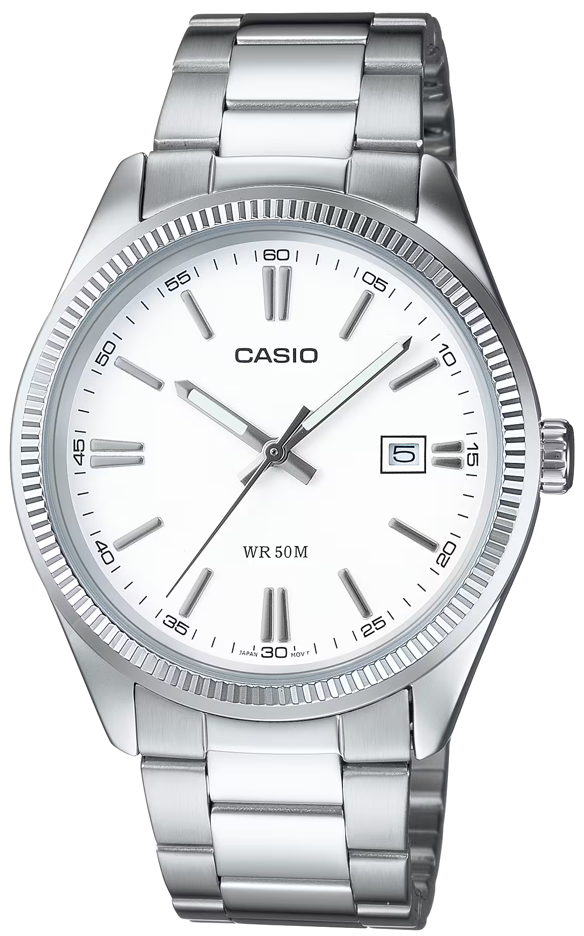 Reloj Casio para hombre con correa de metal plateado, esfera blanca y visualización de fecha