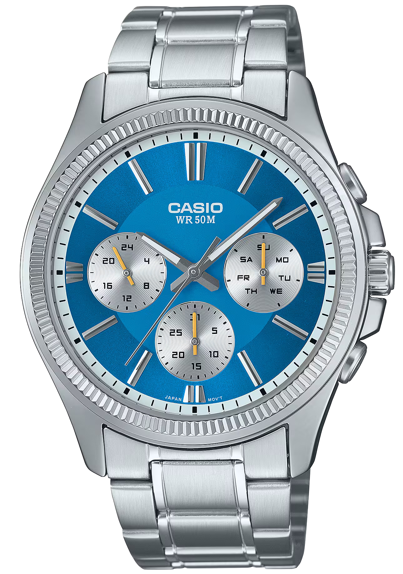 Reloj Casio para hombre con esfera azul, correa de acero inoxidable y bisel redondo
