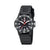 Reloj de hombre con esfera negra, manecillas rojas y ventana de fecha a las 3 en punto