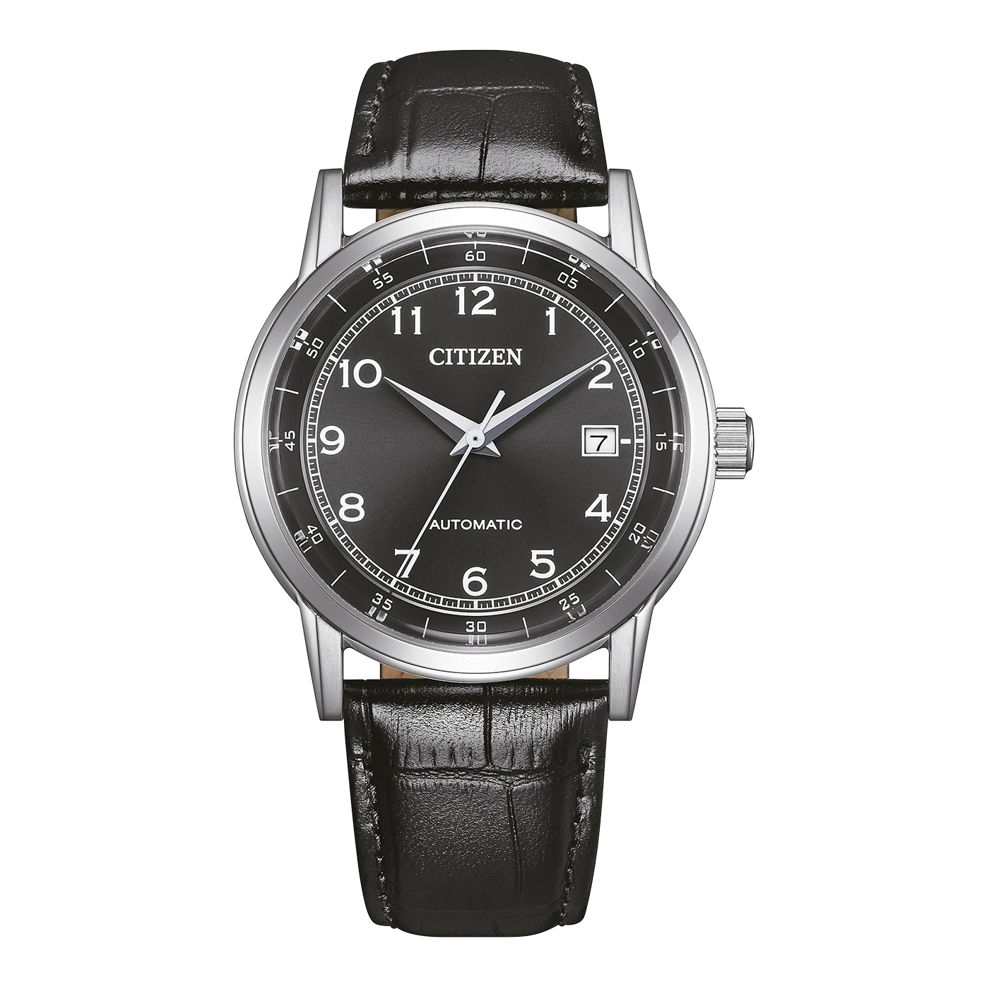 Reloj de hombre con correa de cuero negra y esfera redonda, bisel plateado