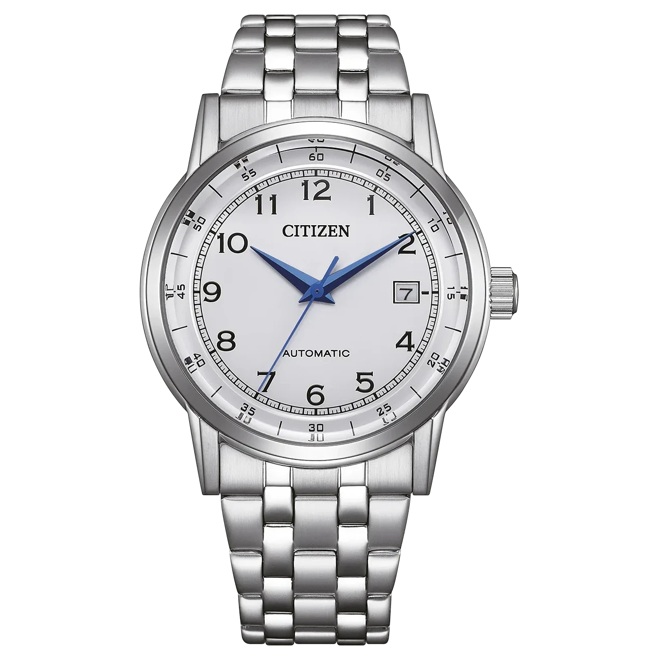 Reloj de hombre con brazalete de acero inoxidable plateado, esfera blanca y manecillas azules