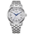 Reloj de hombre con brazalete de acero inoxidable plateado, esfera blanca y manecillas azules