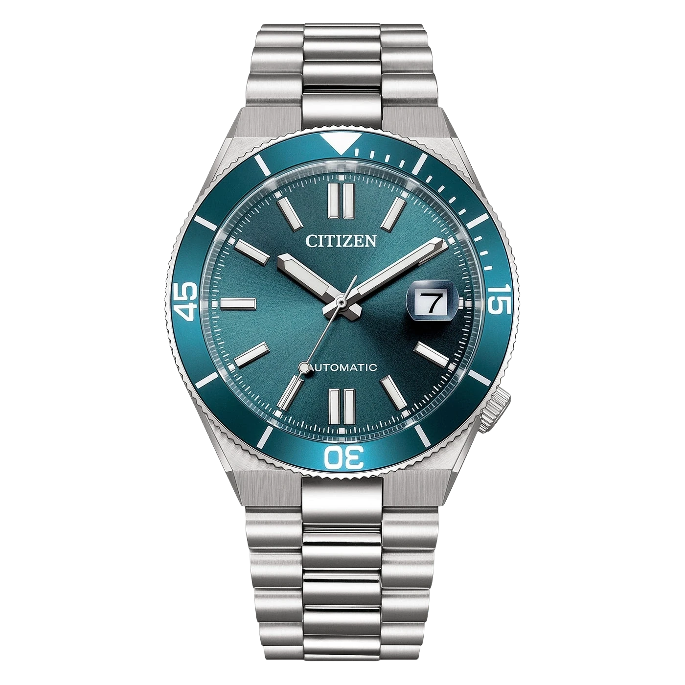 Reloj de hombre con esfera turquesa, correa de acero inoxidable y visualización automática