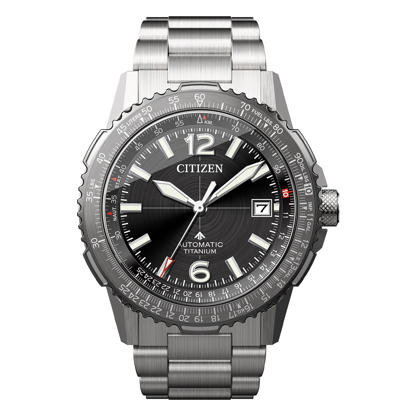 Citizen Herrenarmbanduhr mit schwarzem Zifferblatt, silbernem Metallband und Lünette