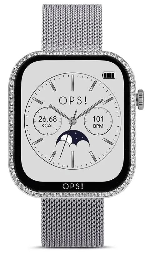 Smartwatch con pantalla cuadrada, bisel negro y correa de malla plateada