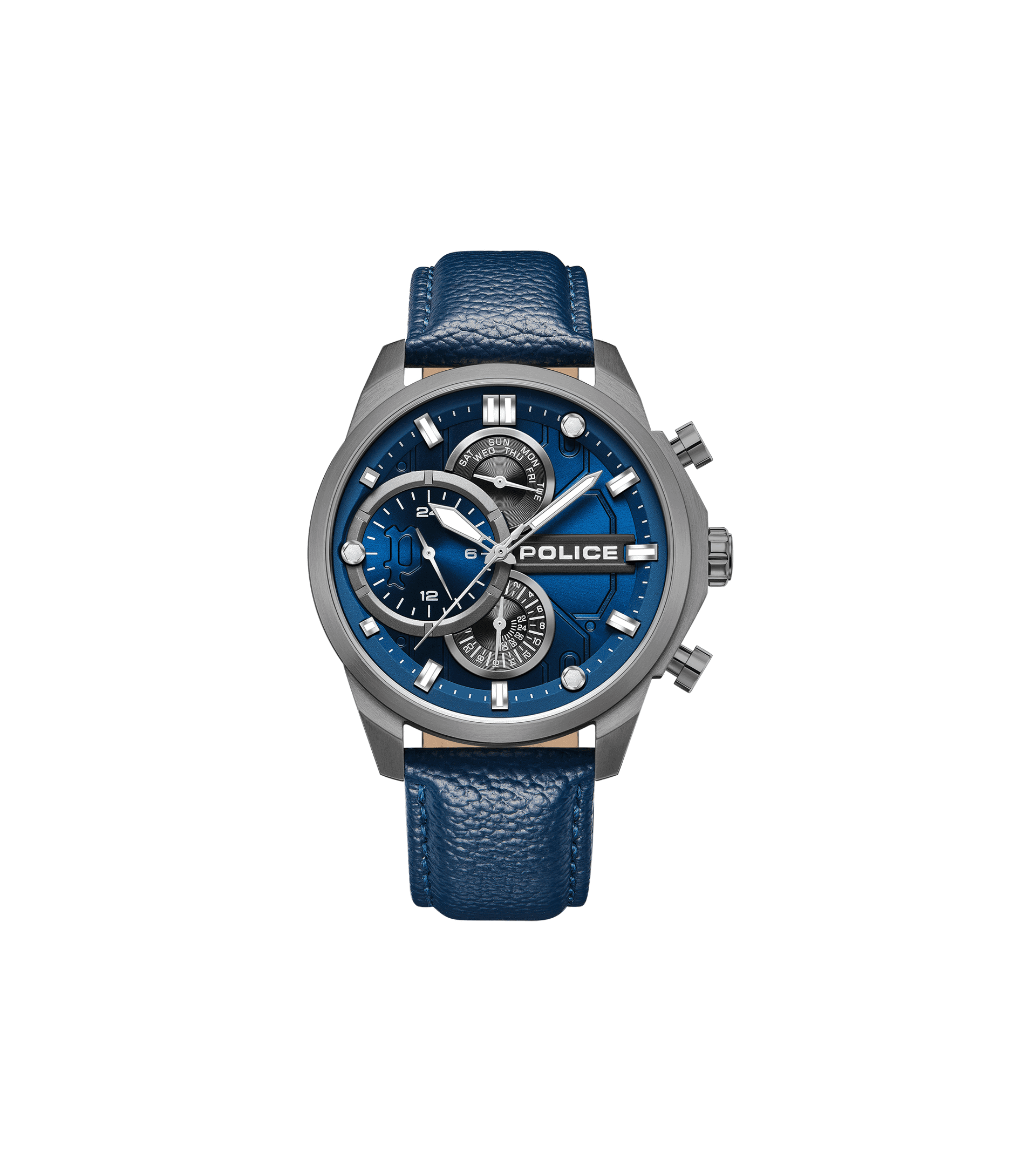 Police Reactor PEWGF0039202 Herrenuhr Blau • Multifunktions-Zifferblatt • Robustes Lederband