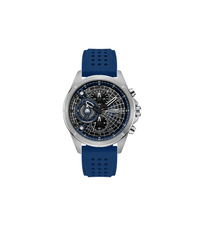 Police Herren-Chronograph mit blauem Silikonband, silbernem Gehäuse und dunklem Zifferblatt.