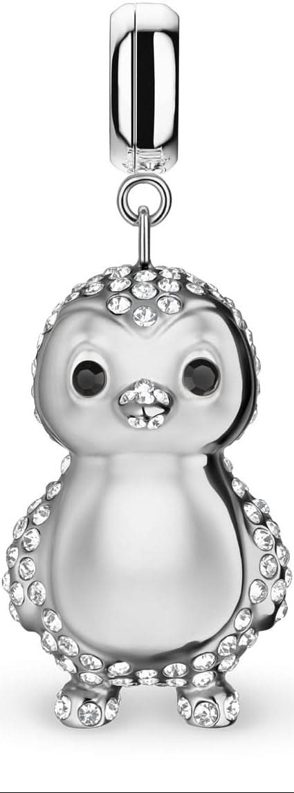 Charm de pingüino de acero inoxidable con circonita, ojal redondo y adorno brillante en la cabeza