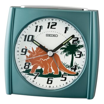 Seiko QHE212M Reloj Despertador Verde Metálico • Motivo Dino • Función de Luz