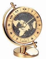 Seiko QHG106G Reloj de Mesa Dorado • Movimiento Sweep Silencioso • Disco Giratorio de Hora Mundial