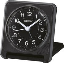 Seiko Reisewecker mit analogem schwarzem Zifferblatt, arabischen Ziffern und Ständer