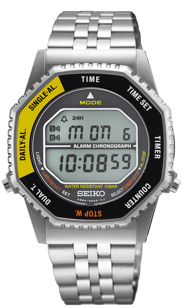 Reloj de pulsera Seiko para hombre: correa de metal, esfera digital negra, detalles en amarillo