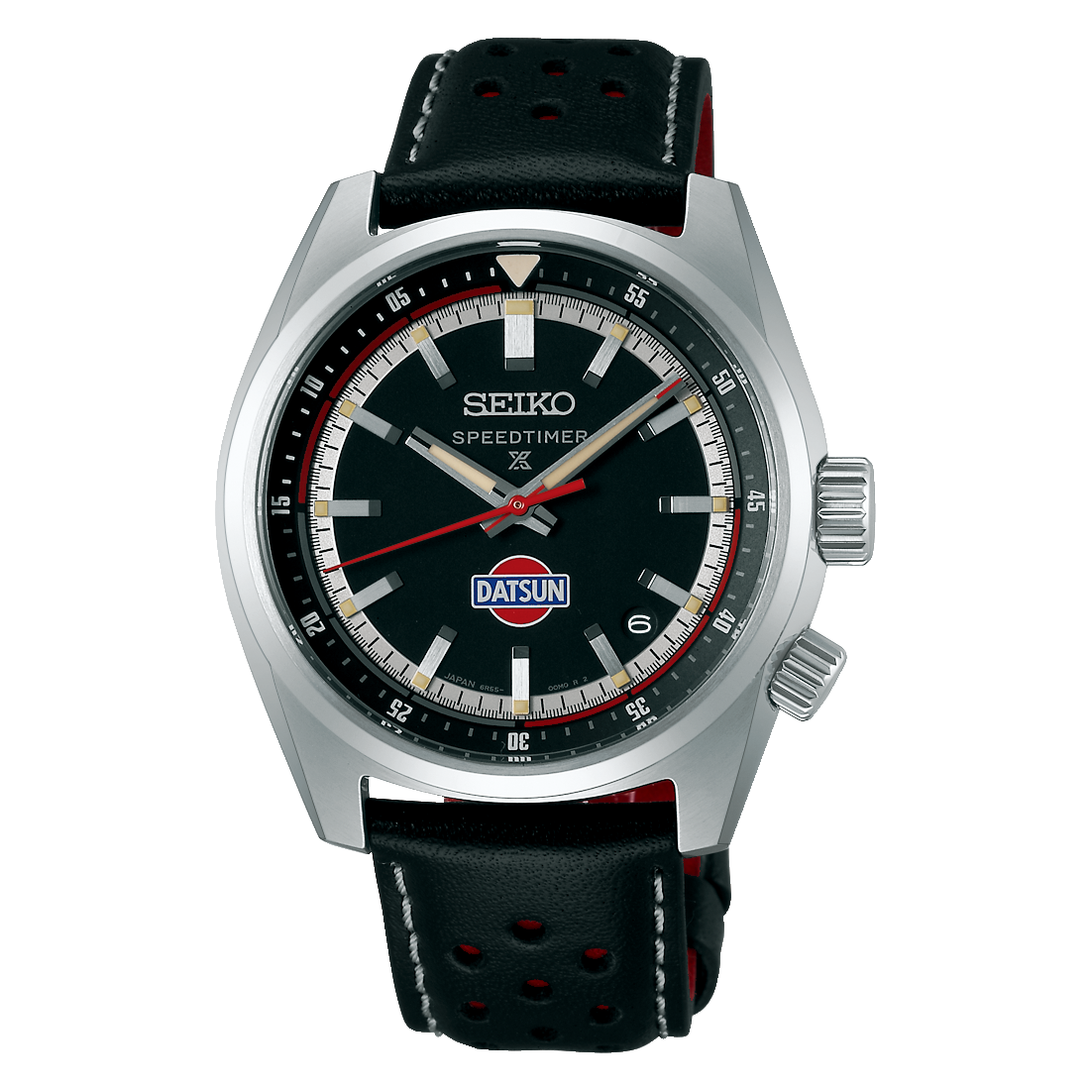 Reloj Seiko Prospex para hombre con esfera negra, aguja de acento roja y correa de cuero.