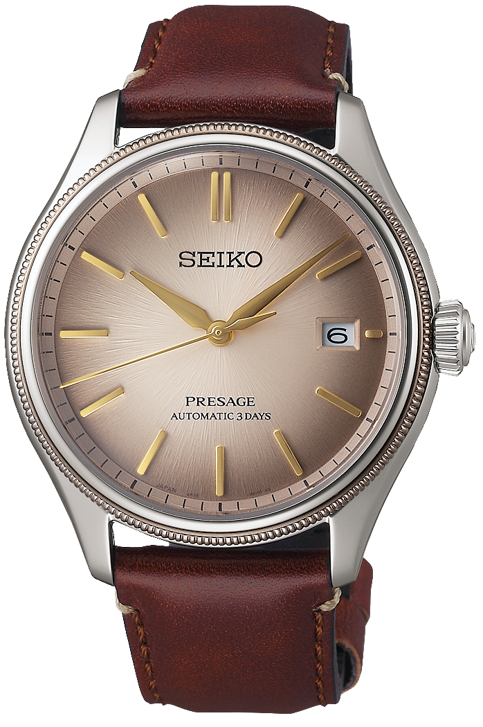 Reloj de hombre con correa de cuero marrón y esfera beige, manecillas doradas