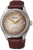 Reloj de hombre con correa de cuero marrón y esfera beige, manecillas doradas