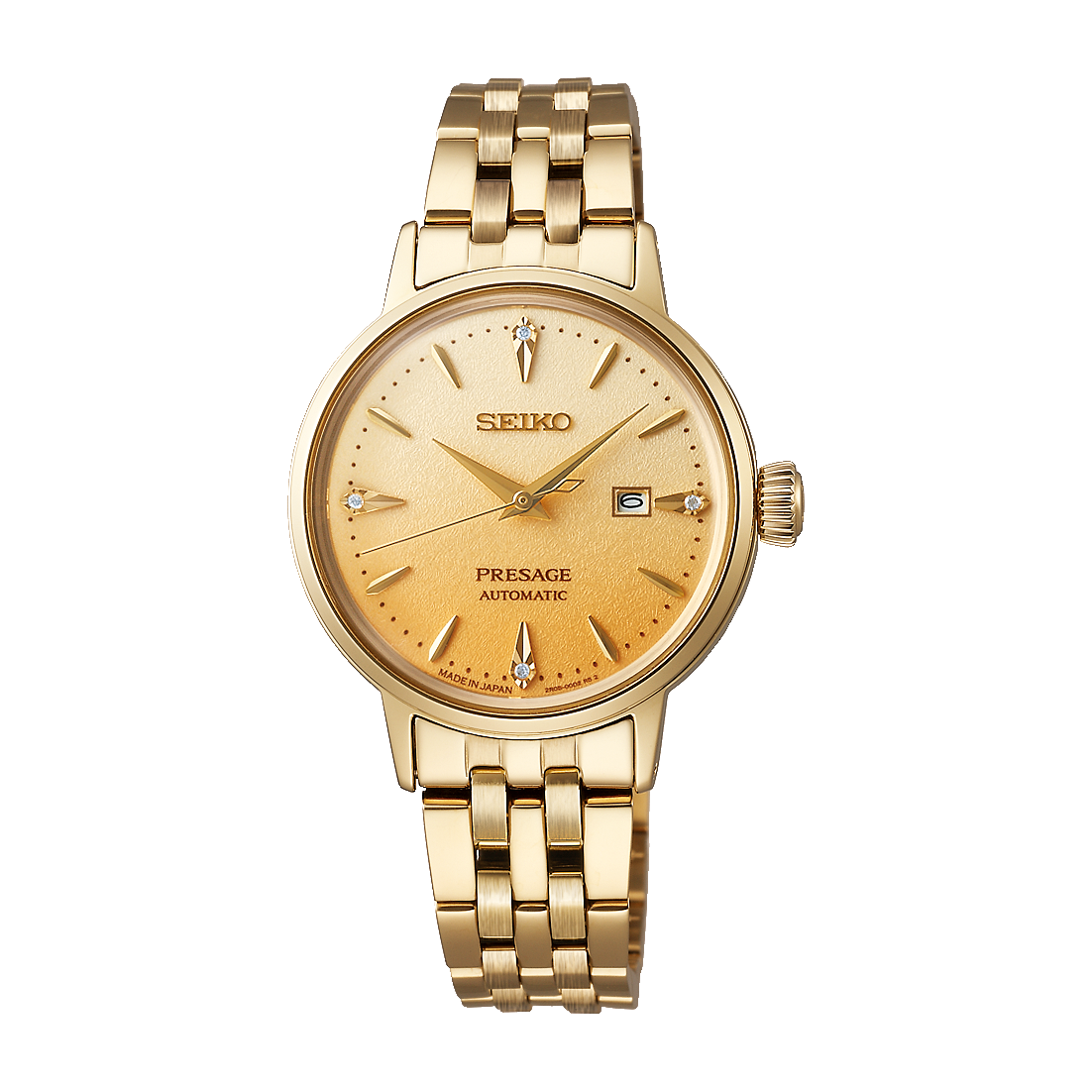 Seiko Presage Damenuhr mit goldenem Edelstahlarmband, beigem Zifferblatt, Automatik