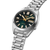 Pulsera de hombre de lado: pulsera de acero inoxidable plateado, esfera verde oscuro, ventana de fecha