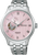 Reloj de hombre con esfera rosa, números romanos y pulsera de metal plateado